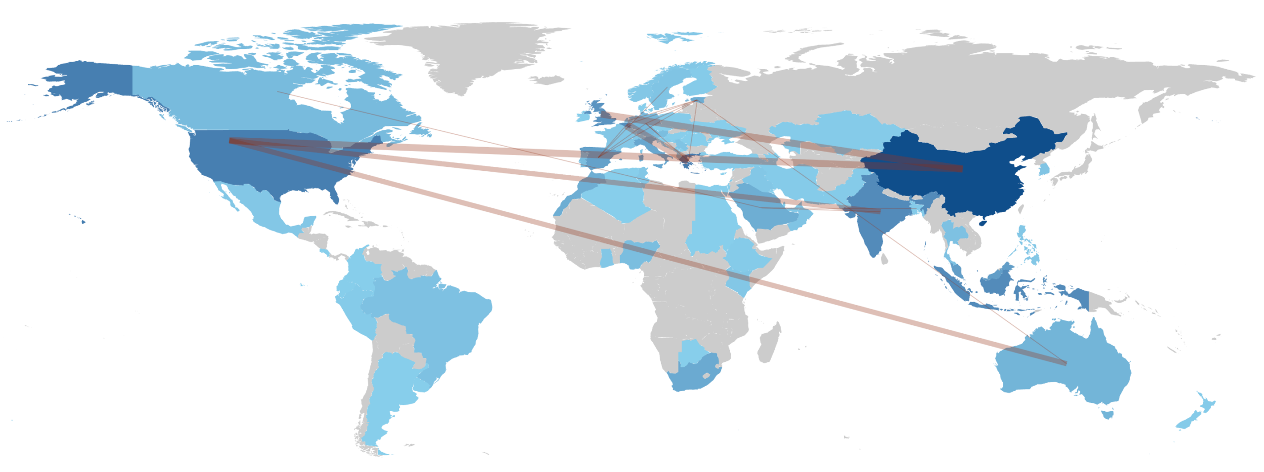 Figure. Countries’ collaboration world map in the Scopus corpus on interoperability, data sharing, digital government, and public service delivery.Source: Own elaboration in Bibliometrix/Biblioshiny using Scopus export data. Lines represent international co-authorship links between countries.